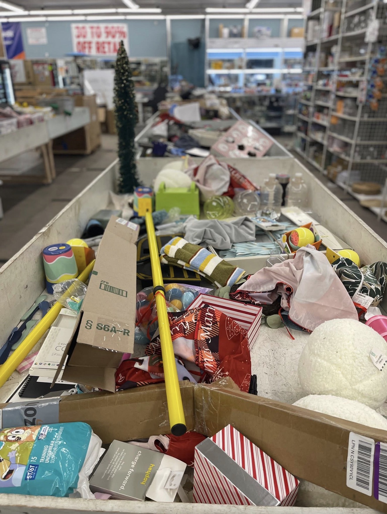 A stocked bargain bin at Bins Outlet Cleveland